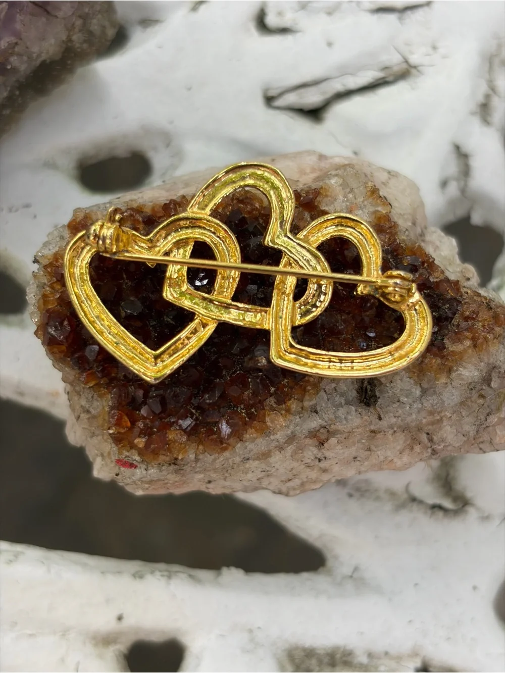Gold-Tone Triple Heart Brooch - Elegant Women's Jewelry